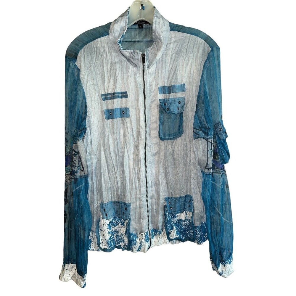 Blue White Gauze Cativa XL Women's Zip Up Mesh Inset Grommet LS Beachy Top